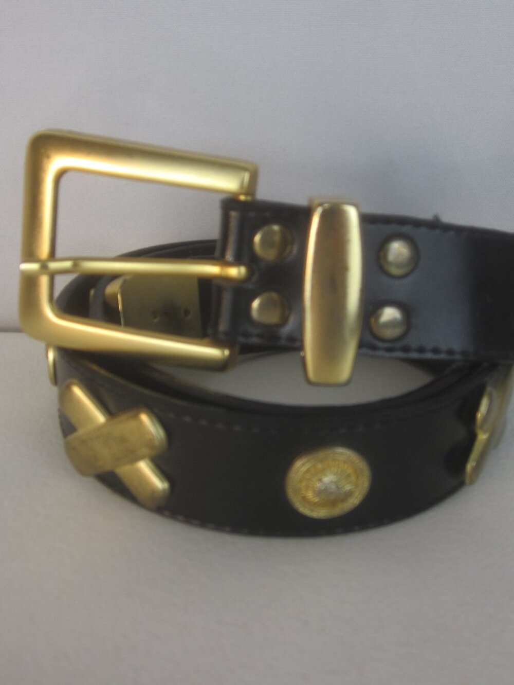 Vtg Donna Katz Belt Women M Black Leather Retro Gold Tone Accent 28" - 32"
